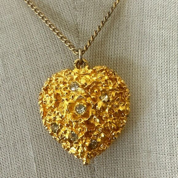 Viviane Woodard Primeval Perfume Locket Heart Pendant w/ Rhinestones, Gold-Tone - Picture 1 of 10